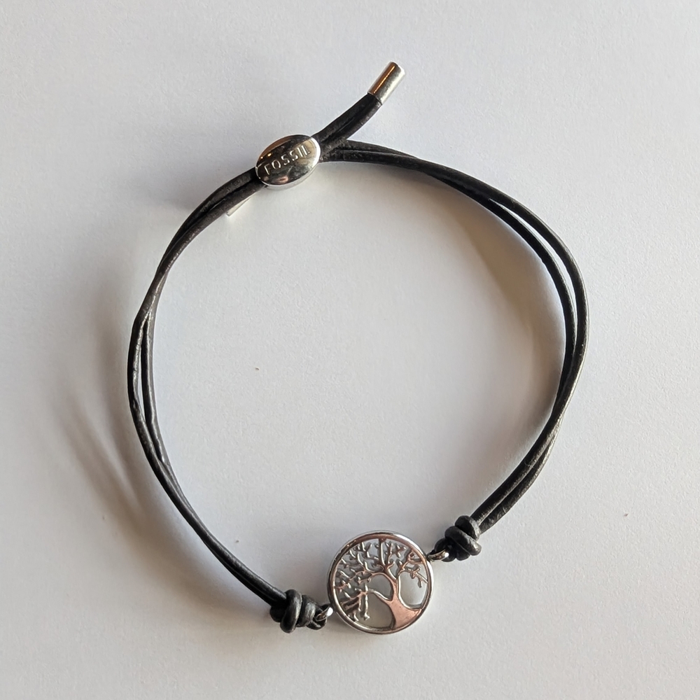 Fossil Brown Leather Bracelet with Silver Tree Charm - GUC